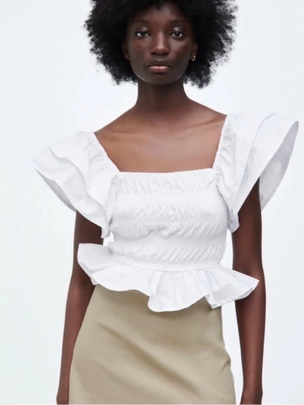 Zara Poplin White Smocked Flutter Sleeve Top women’s large